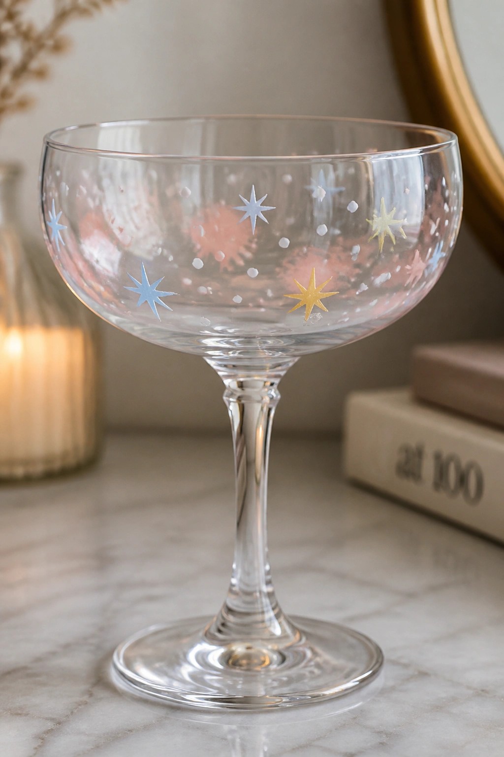 Crystal coupe glass with blue and yellow stars on white marble surface