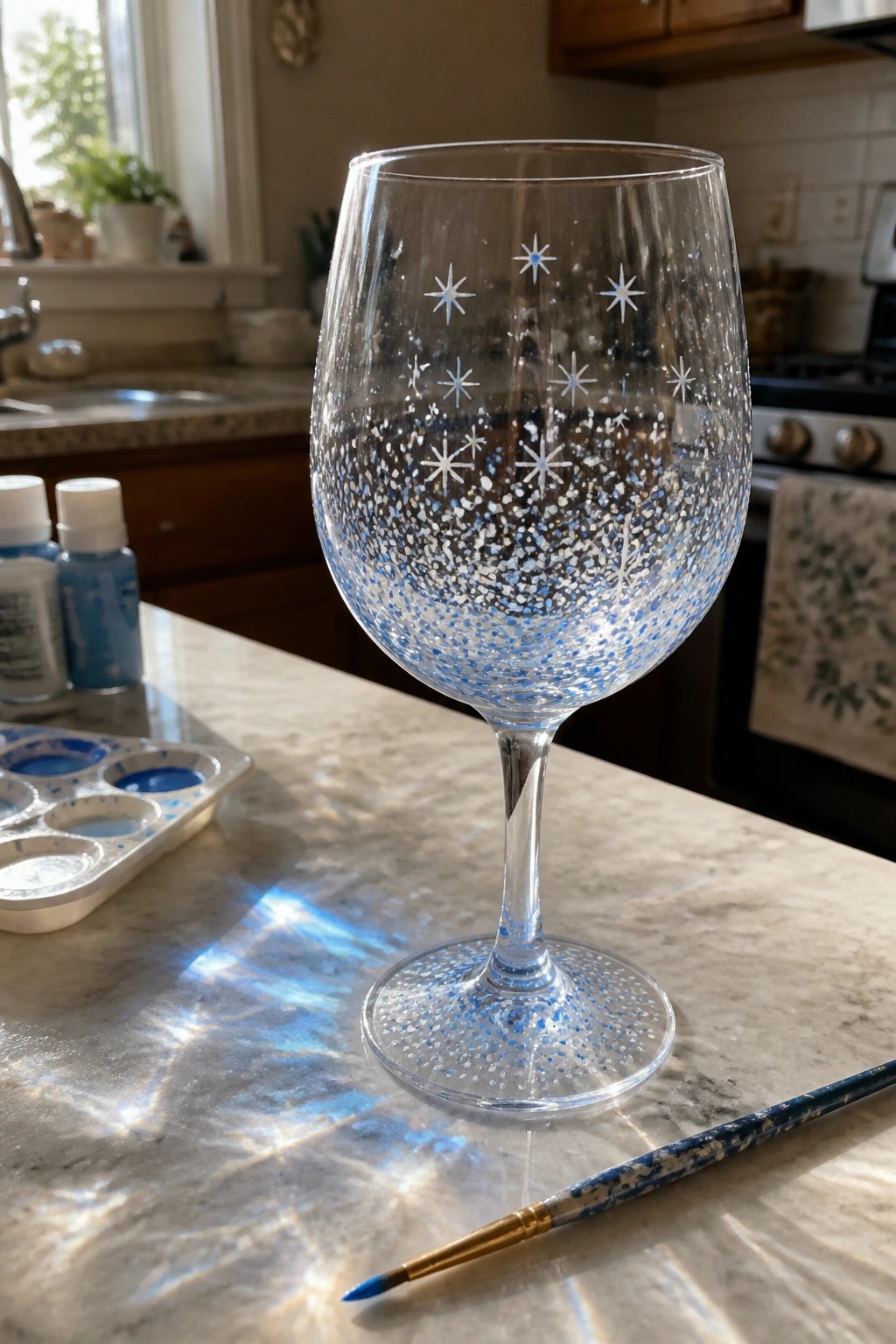 Painted wine glass with white stars and blue speckles beside paintbrush on kitchen counter