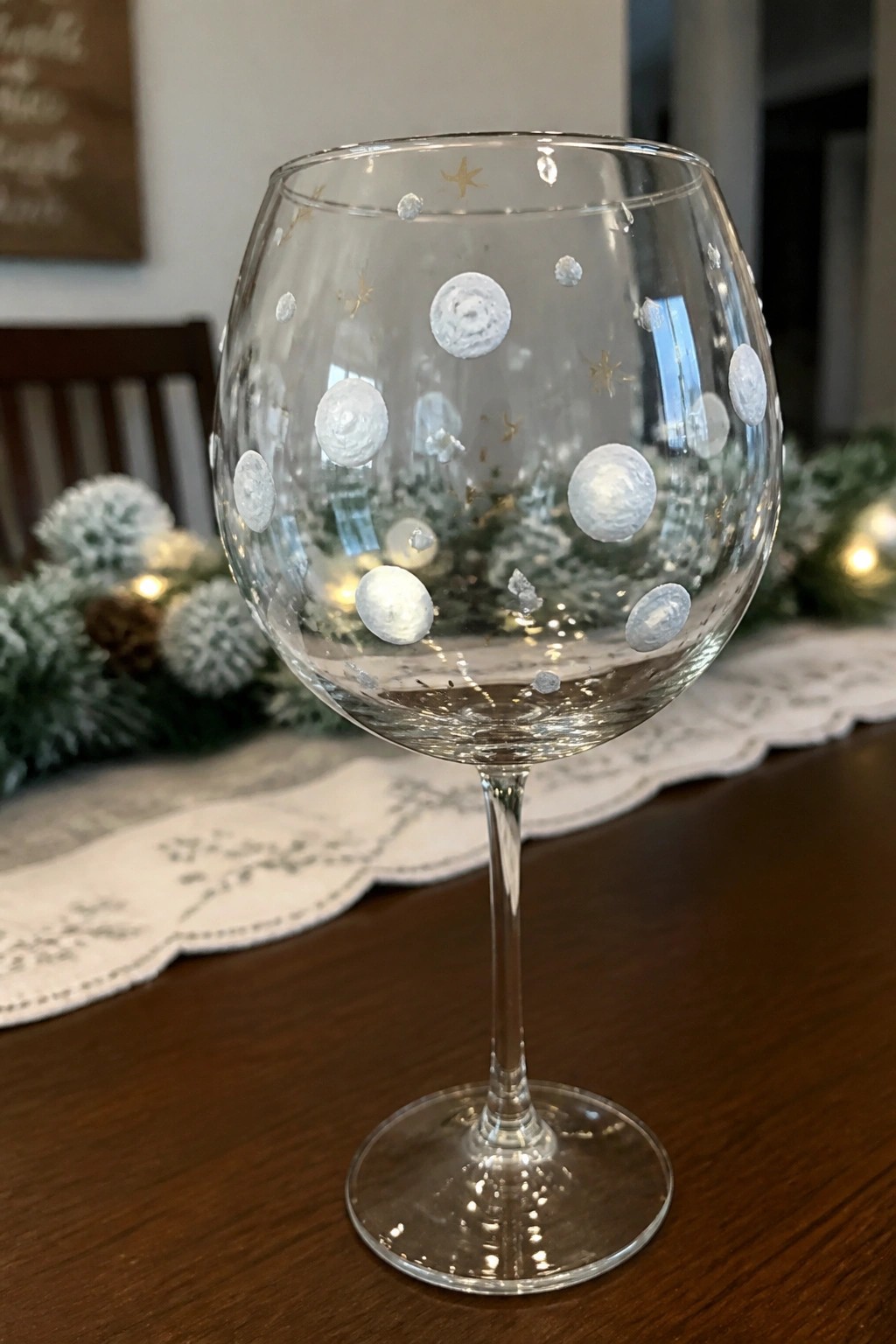 Clear wine glass with white raised dots and gold stars on wooden table with holiday garland