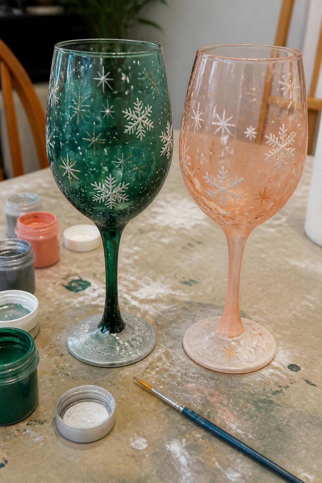 Green and peach snowflake wine glasses amid paint jars and brush on table.