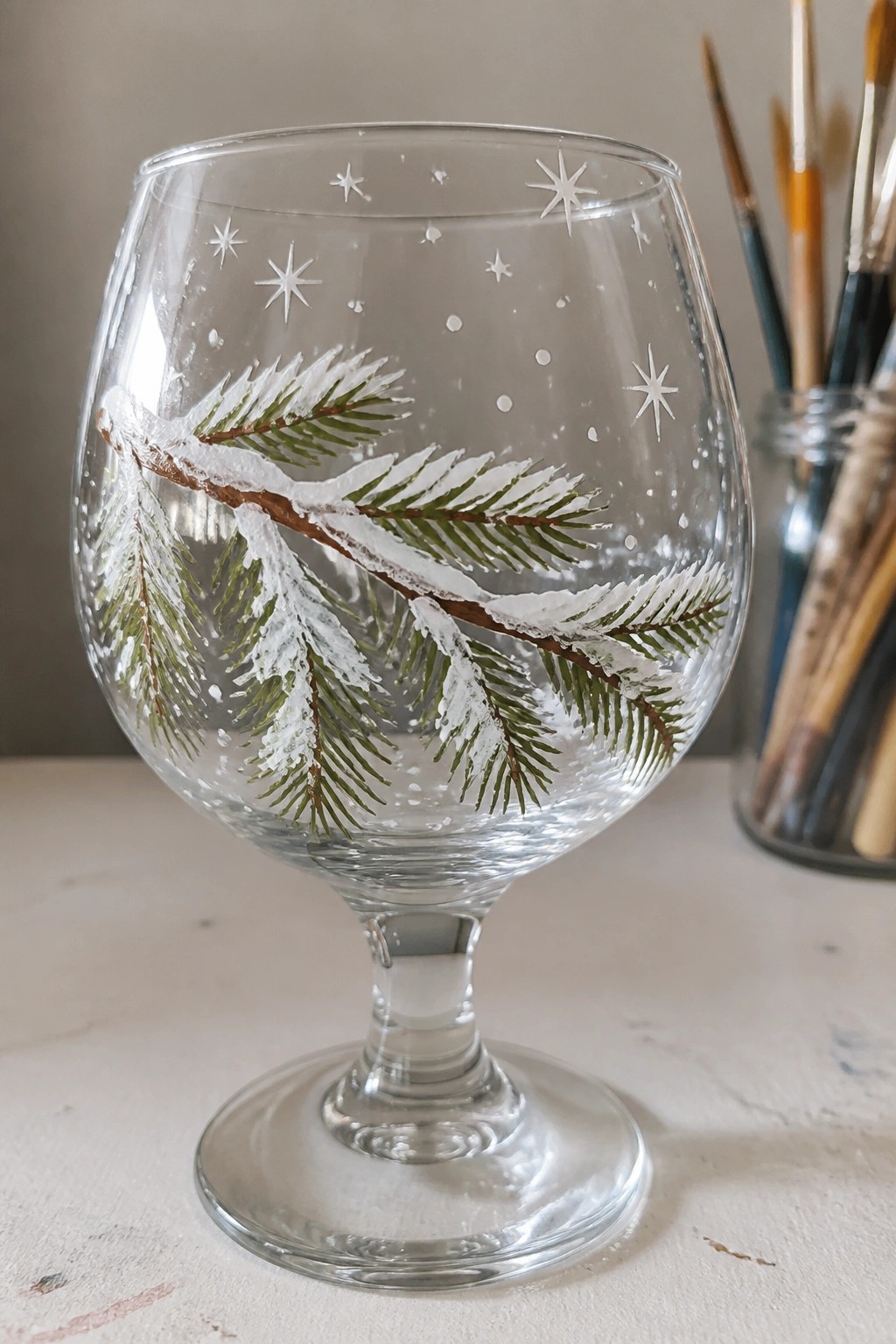 Clear stemmed wine glass painted with a green pine branch covered in white snow and small white stars.