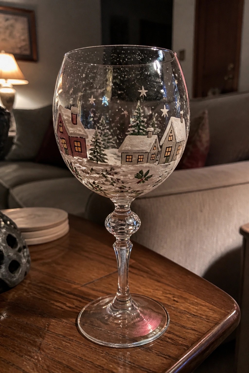 Painted wine glass with snowy houses, trees, stars, and holly on wooden table