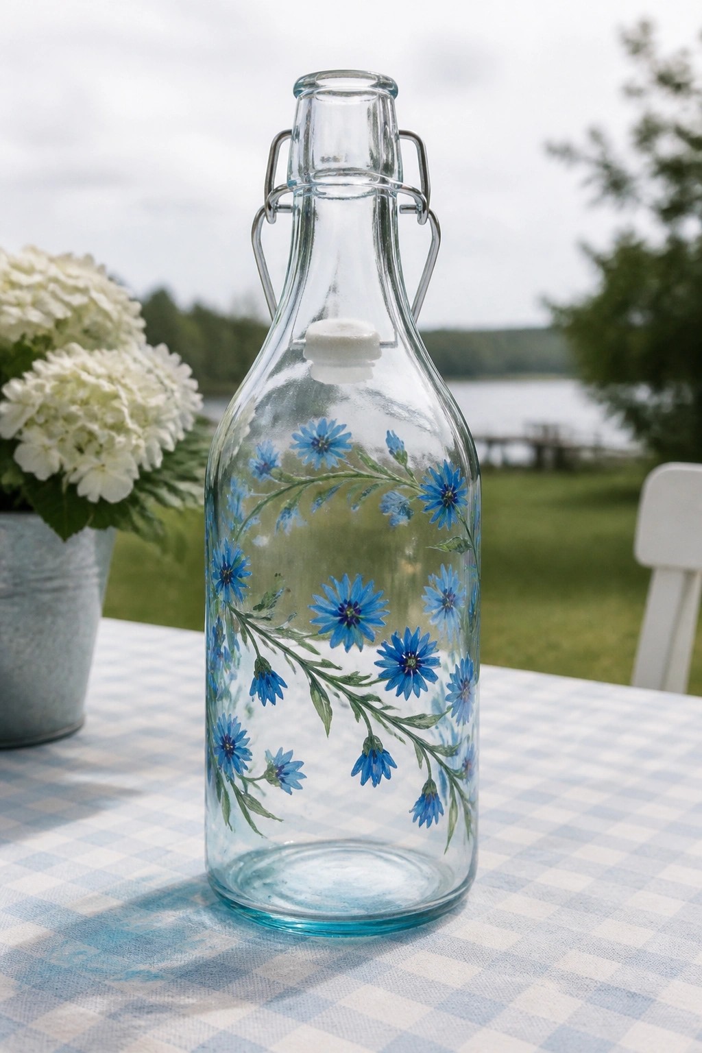 Glass bottle with blue cornflower design on checkered table by water