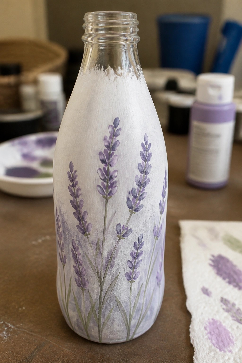 Painted glass bottle with purple lavender flowers, green stems, and white background amid art supplies