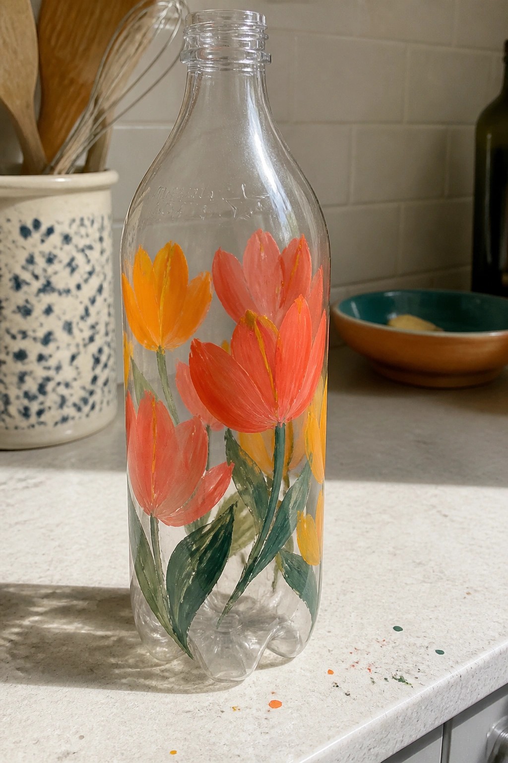 Clear plastic bottle hand-painted with orange, red, and yellow tulips on kitchen counter