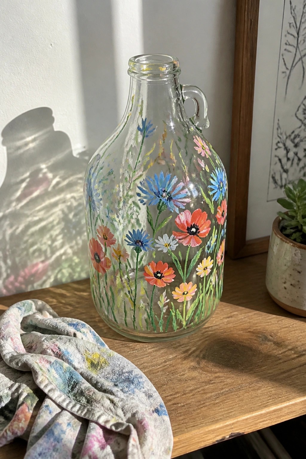 Clear glass jug with colorful wildflowers beside paint-stained cloth on wood.