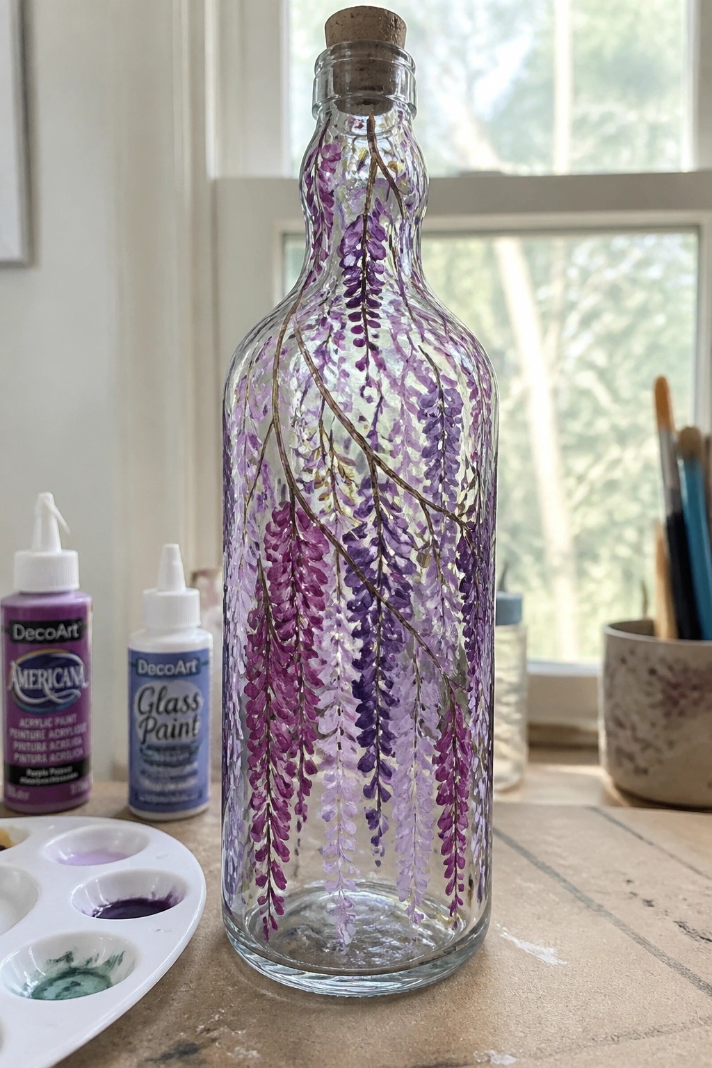 Glass bottle with purple wisteria flowers, cork top, amid paints and palette on table