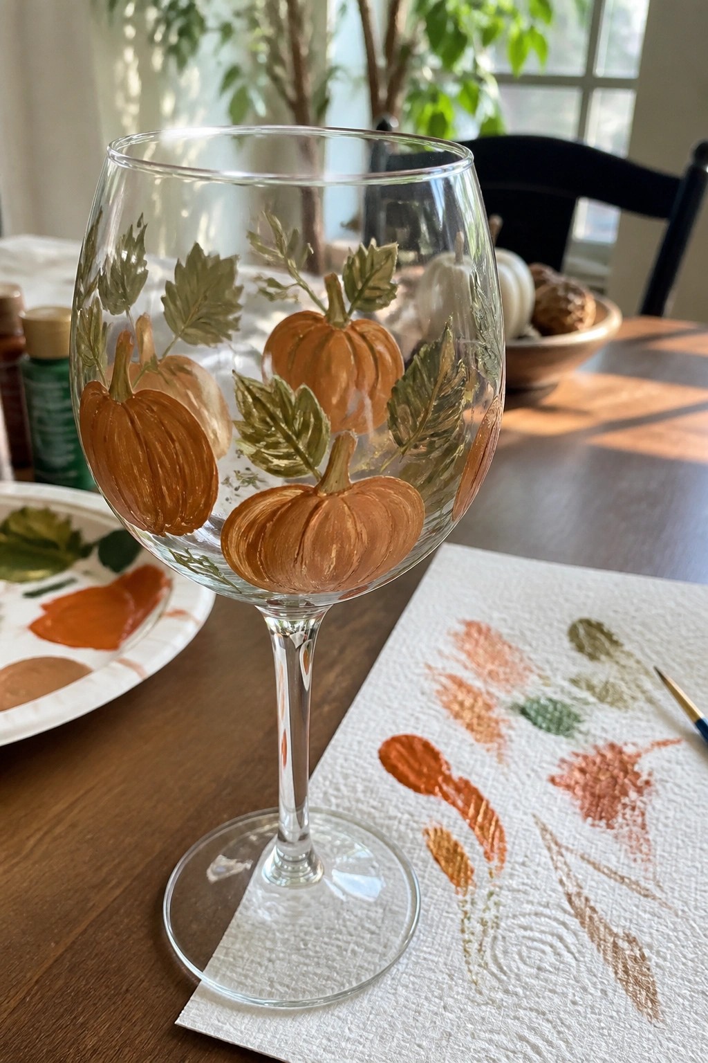 Painted wine glass with orange pumpkins and green leaves beside paint supplies