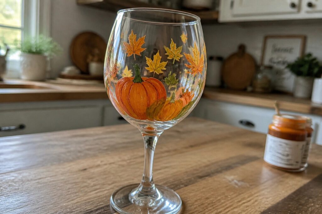 24 Beautiful Fall Painted Wine Glasses Using Pumpkins, Leaves, and Harvest Colors Wine glass hand-painted with orange pumpkins, red and yellow maple leaves on marble counter