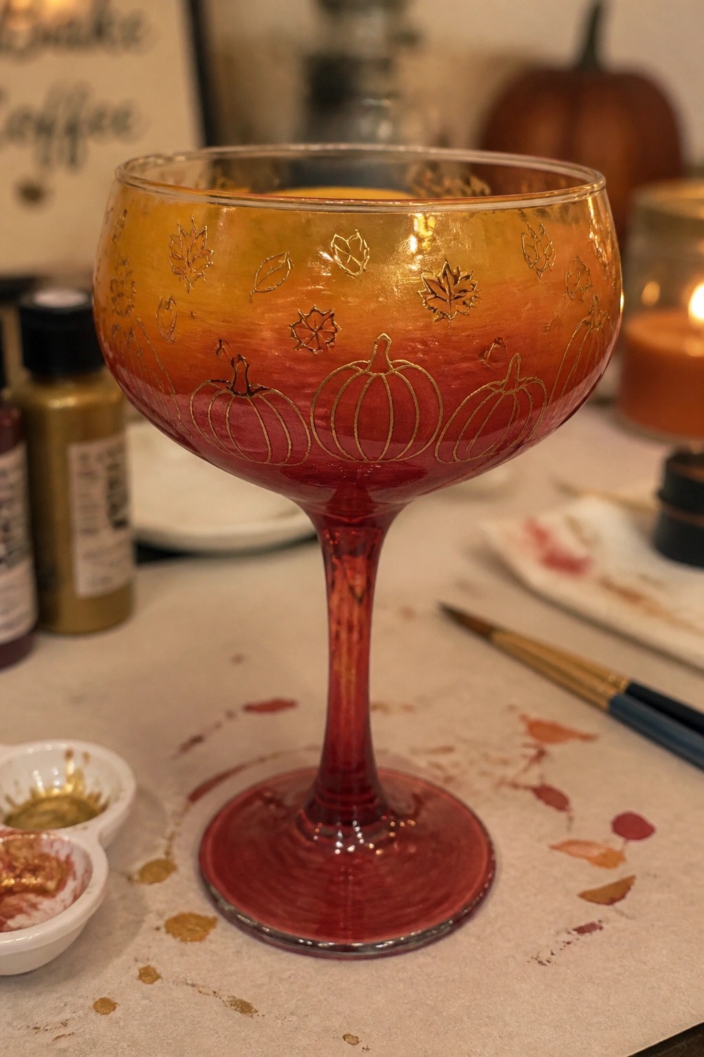 Painted red-stemmed goblet with orange-red gradient and gold pumpkin leaf designs on craft table
