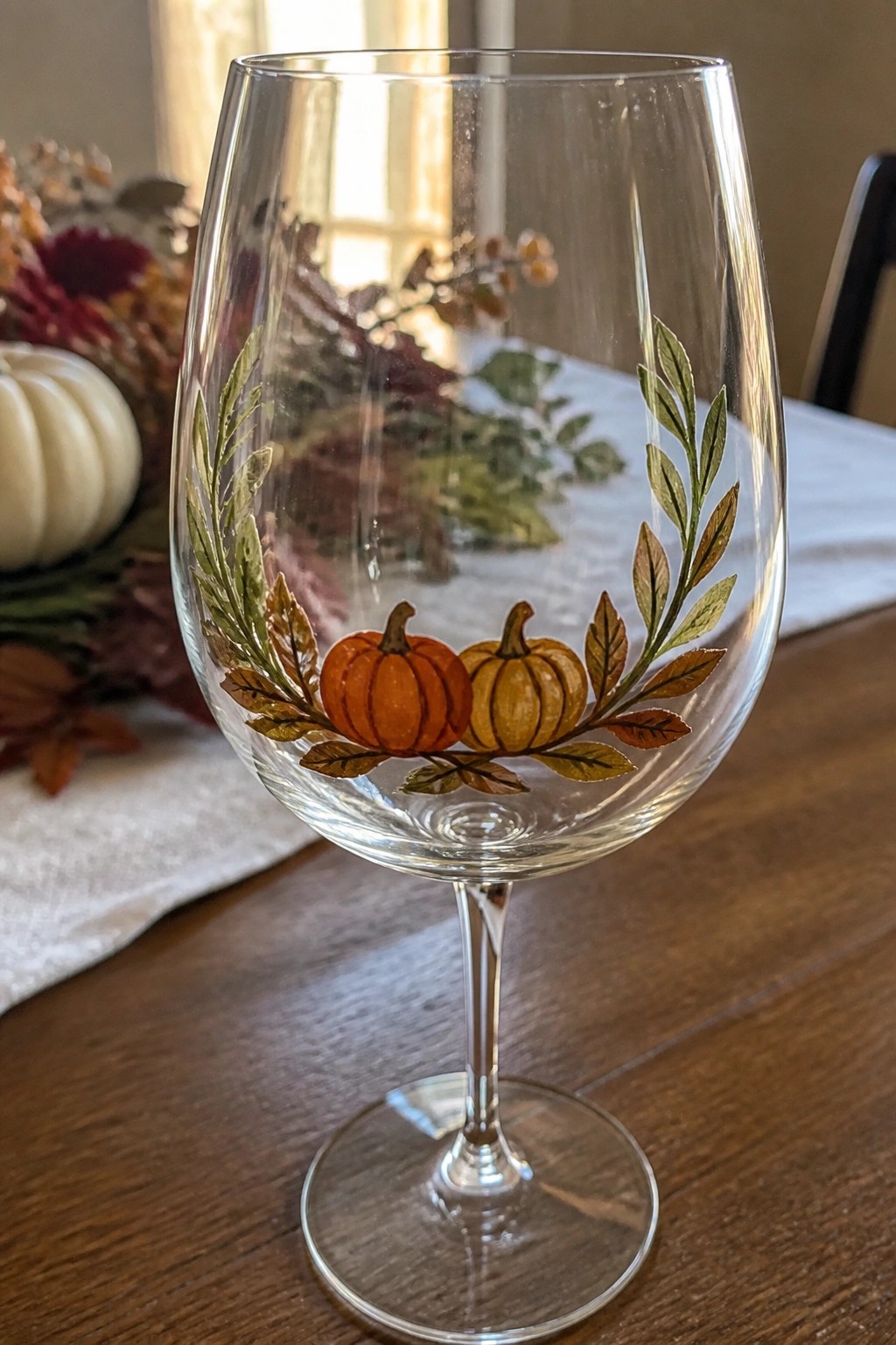 Clear wine glass with painted orange pumpkins and colorful autumn leaves.