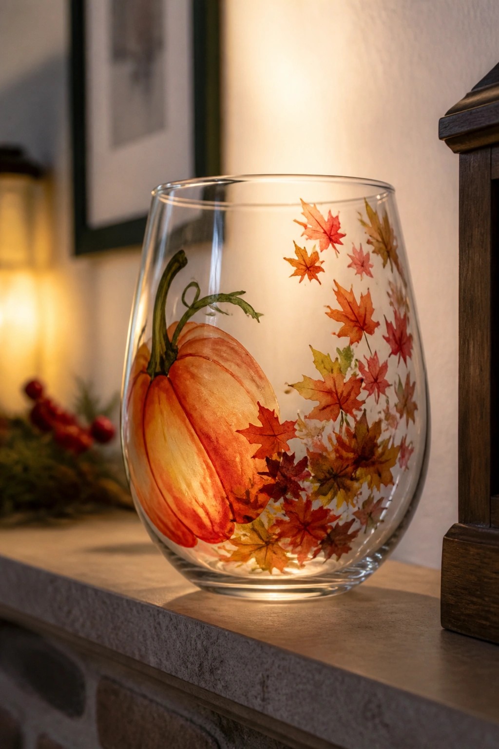 Glowing glass vase with painted orange pumpkin and colorful autumn maple leaves.
