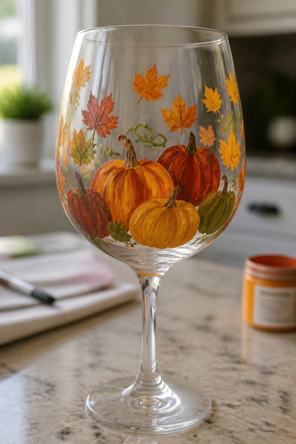Wine glass hand-painted with orange pumpkins, red and yellow maple leaves on marble counter