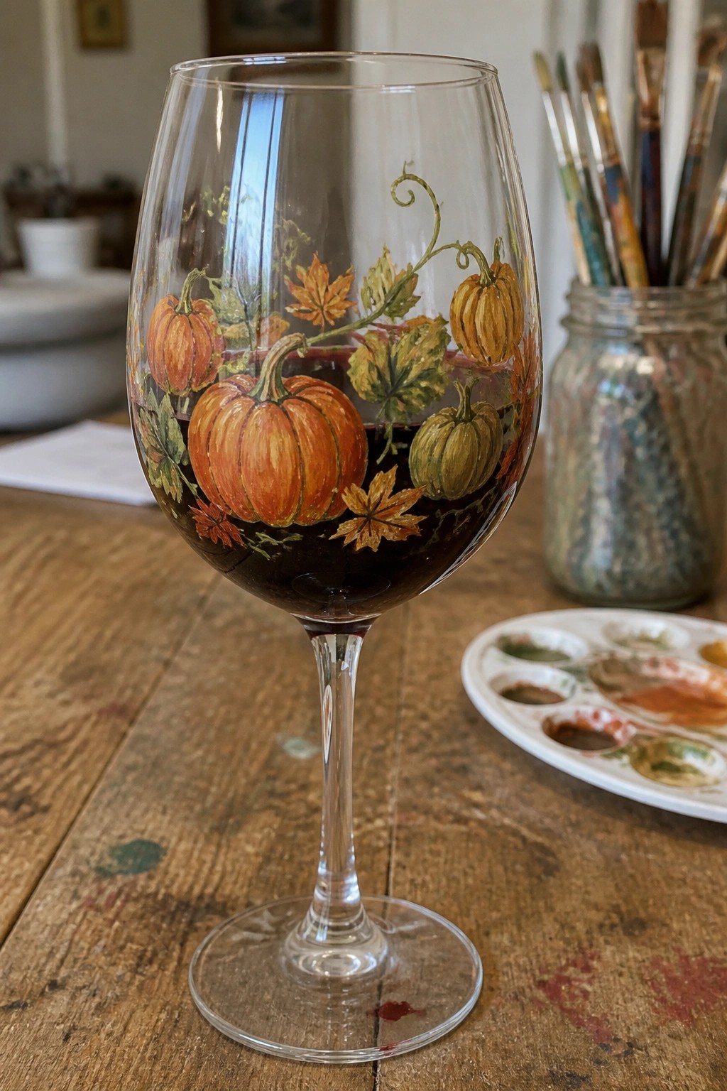 Hand-painted wine glass with orange pumpkins and autumn leaves filled with red wine