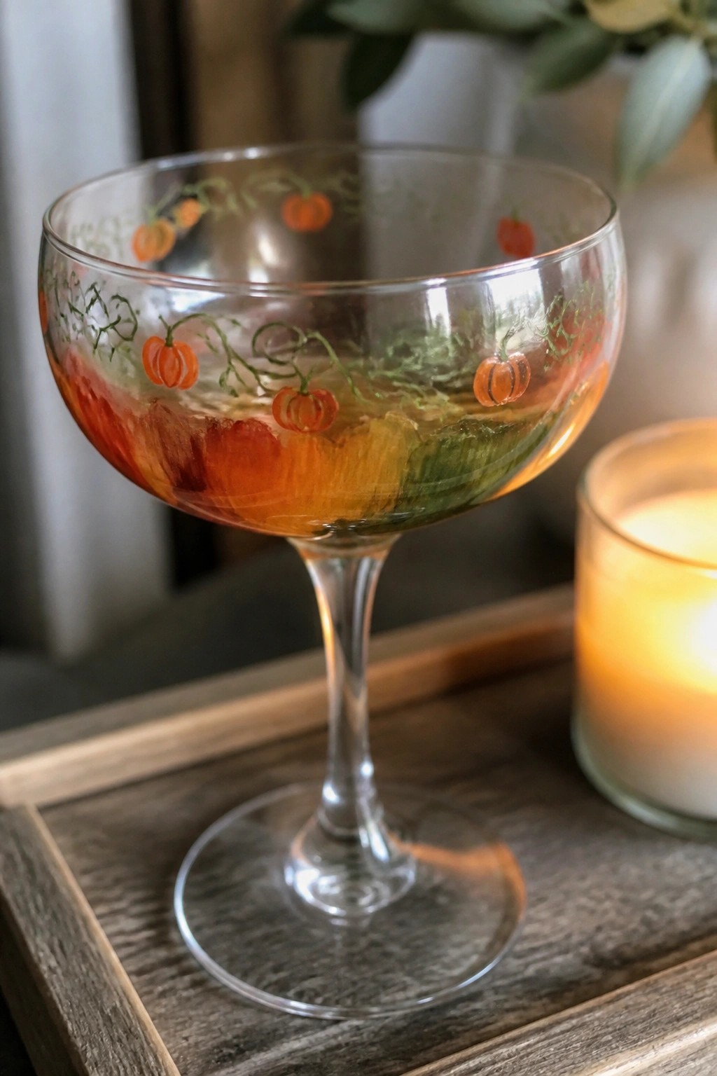 Decorative coupe glass with painted pumpkins and autumn hues beside lit candle.