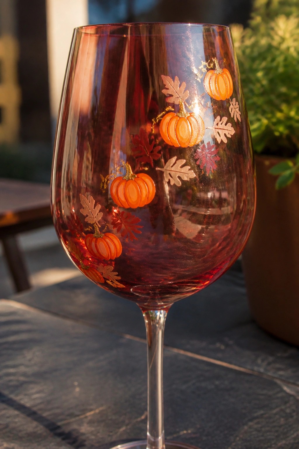 Red wine glass with orange pumpkins and gold autumn leaves in sunlight.