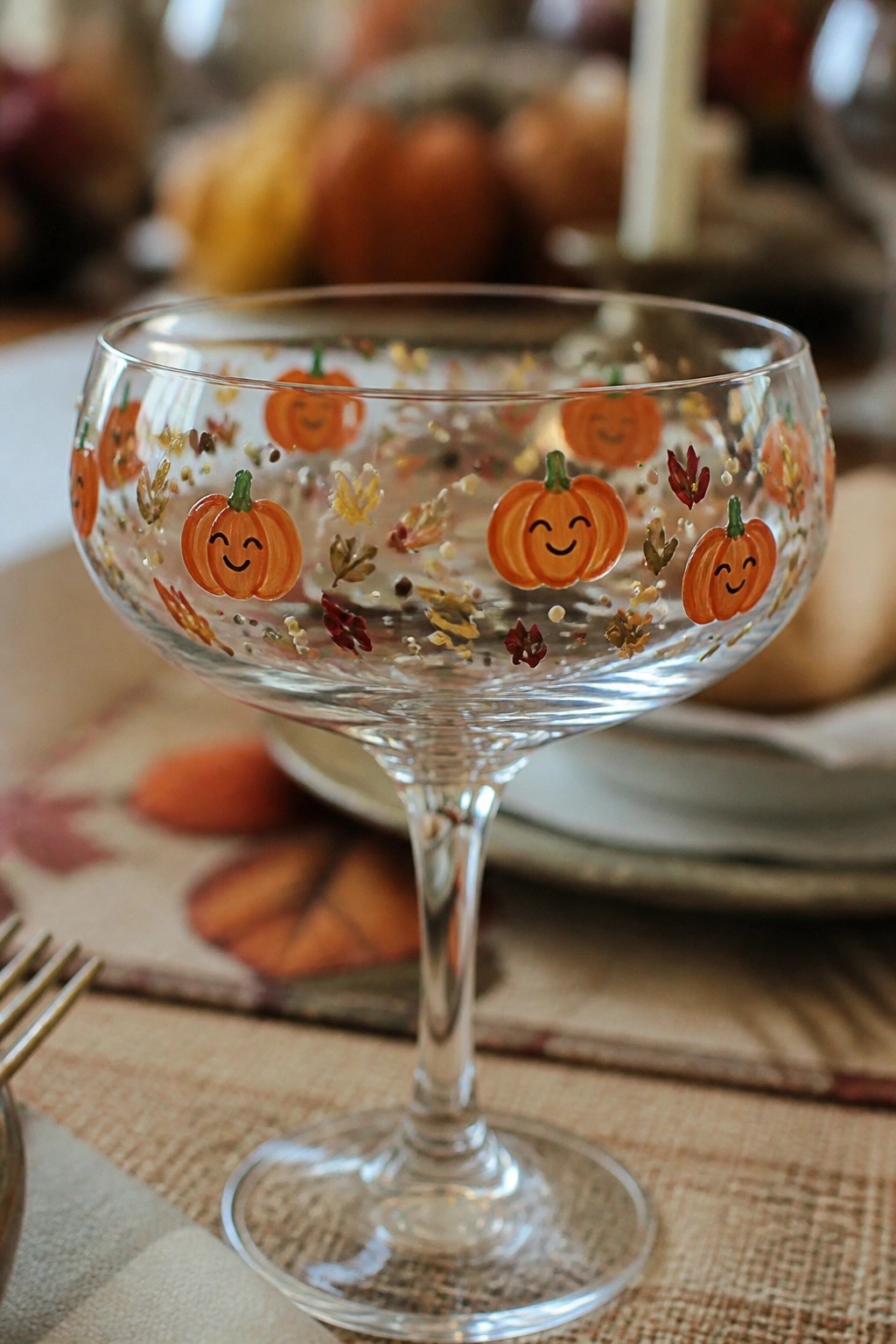 Glass coupe painted with smiling orange pumpkins, autumn leaves, and glitter on table