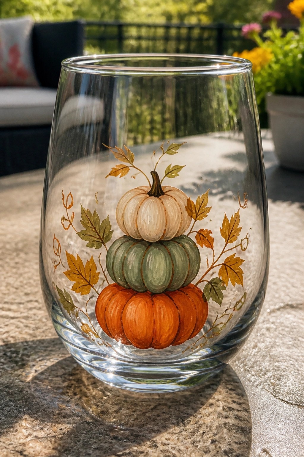 Stemless glass painted with stacked orange, green, and cream pumpkins amid autumn leaves.