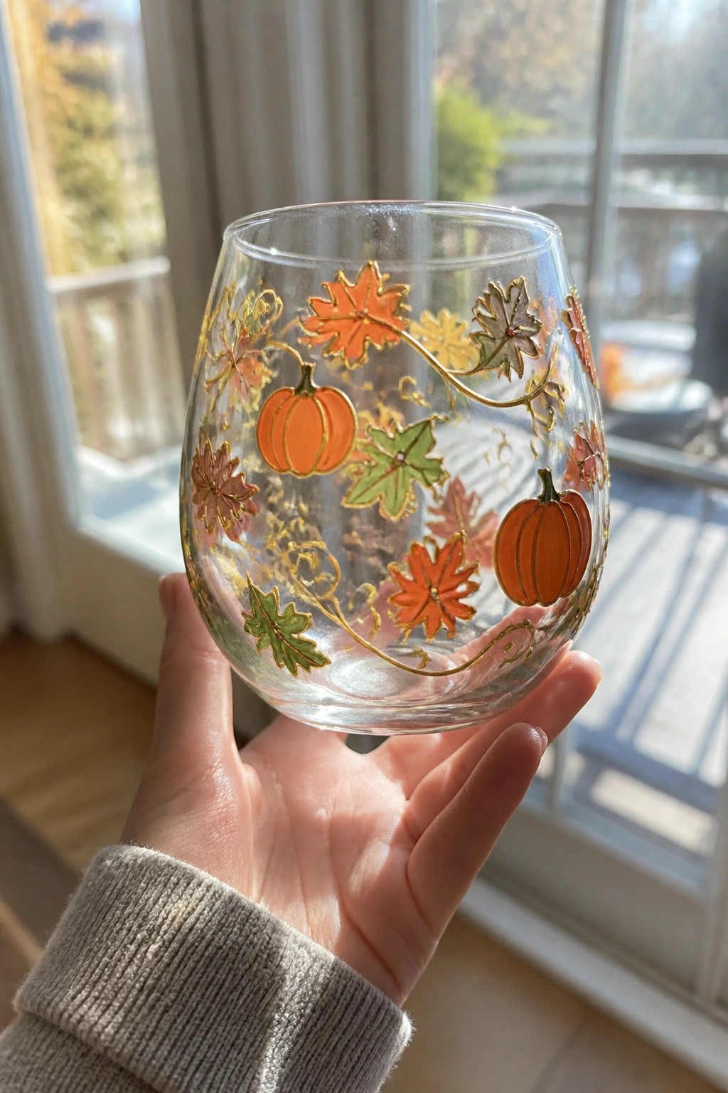 Hand holding clear stemless glass decorated with orange pumpkins and colorful autumn leaves.