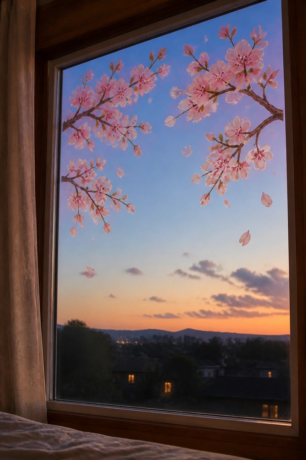 Pink cherry blossoms and petals on window overlooking sunset-lit houses.