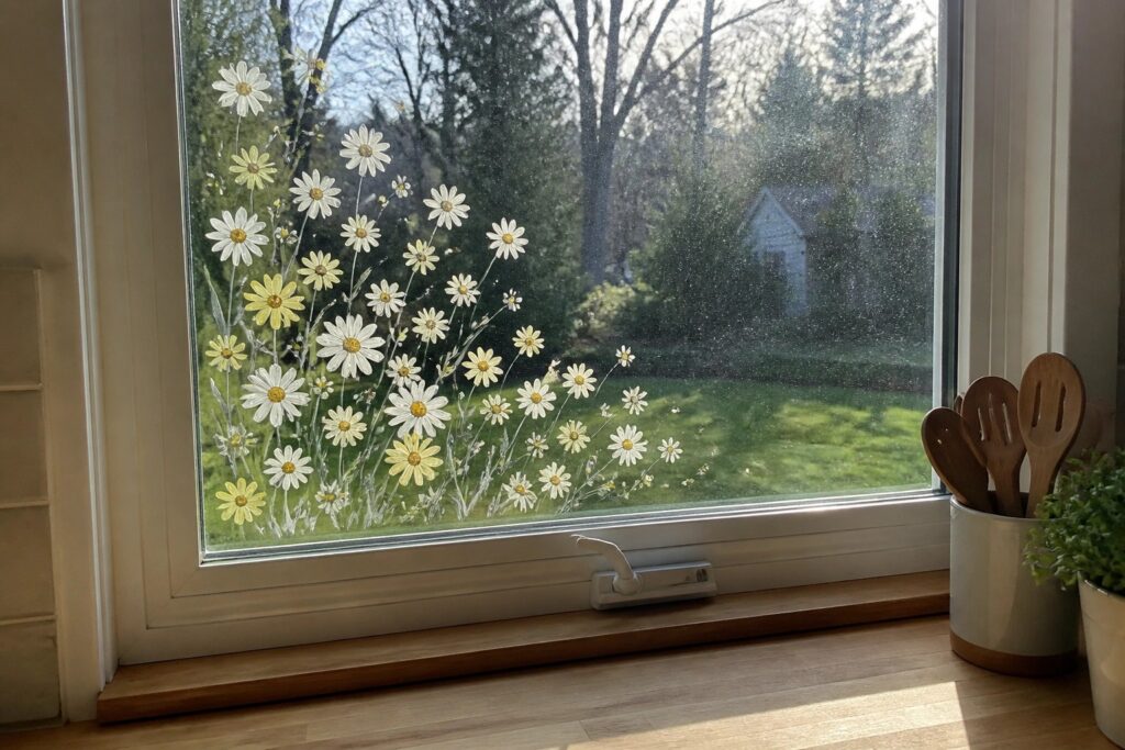 24 Beautiful Window Painting Ideas Inspired by Wildflowers and Garden Blooms Window with white daisies painted on glass, hammer on wooden sill beside kitchen jars.