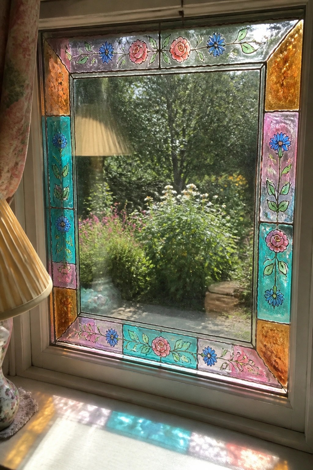 Stained glass floral window overlooking lush garden with colorful sunlight reflections on sill