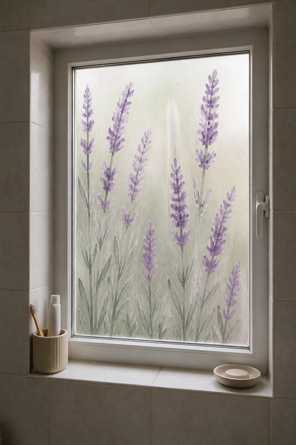 Window with purple lavender watercolor design on frosted glass beside toothbrush and soap