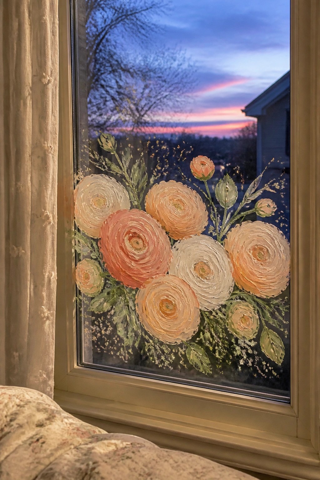 A window pane painted with peach, orange, and cream ranunculus flowers plus green leaves and gold dots, seen from inside at dusk.