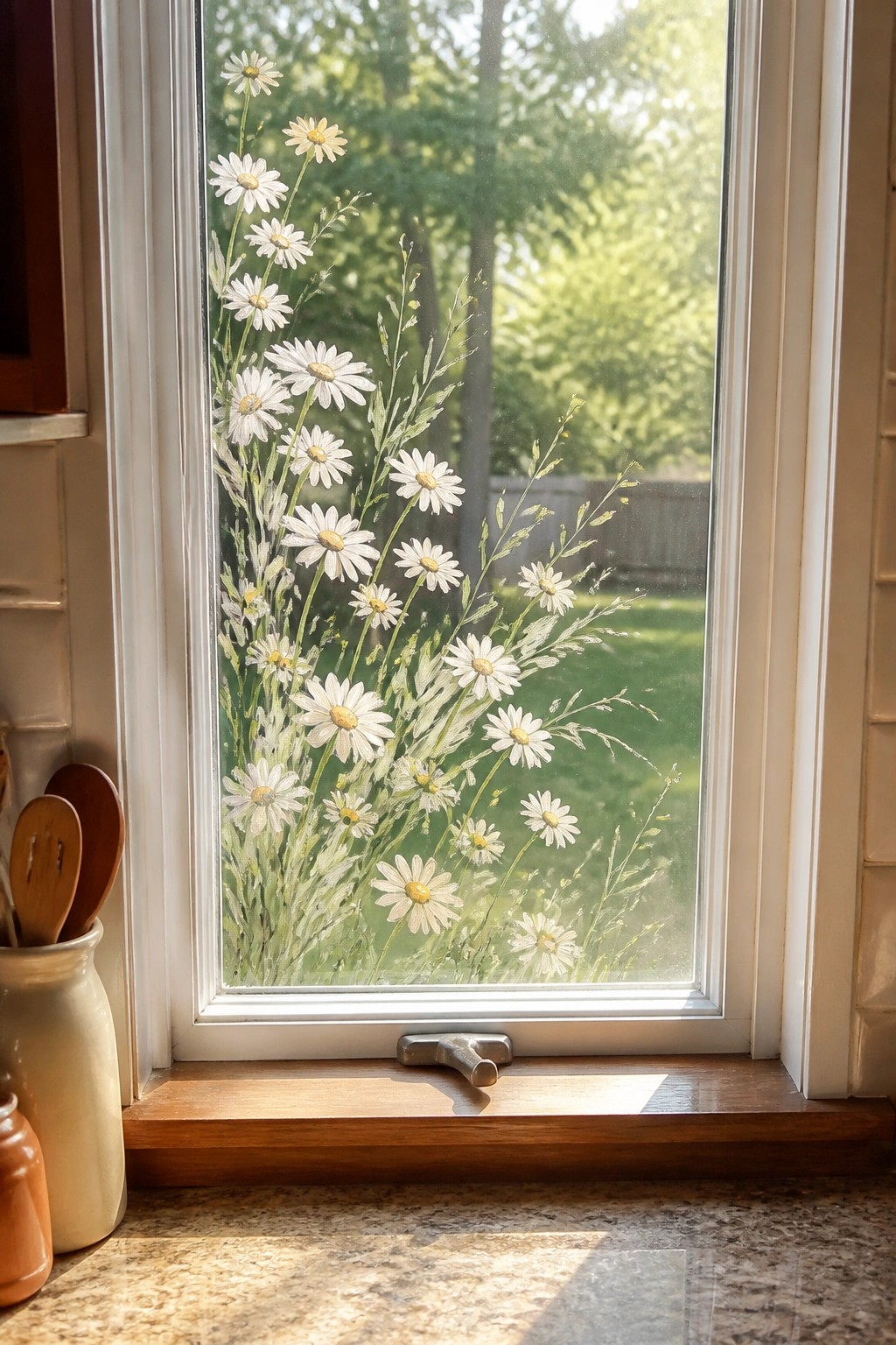 Window with white daisies painted on glass, hammer on wooden sill beside kitchen jars.
