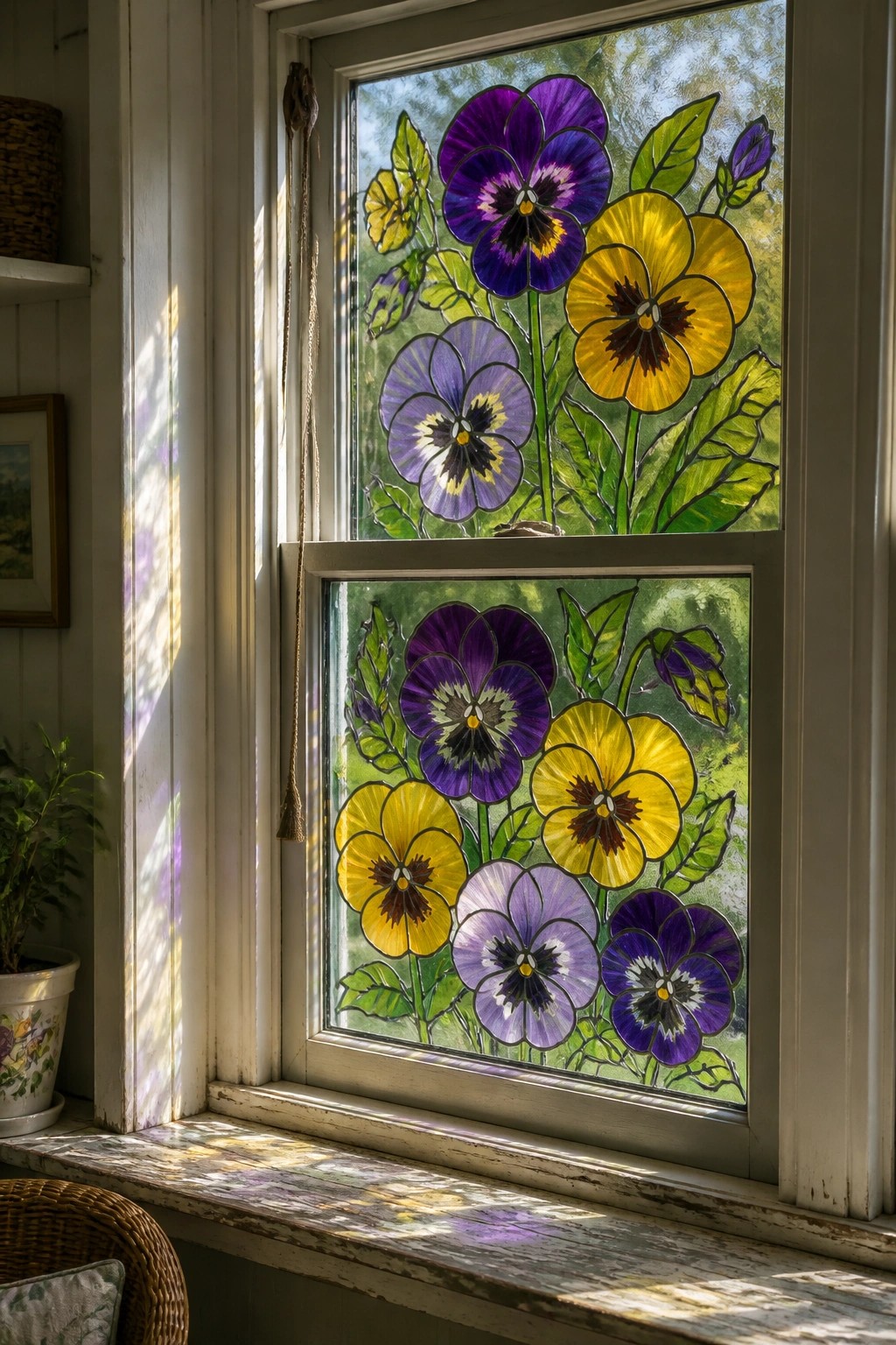 Stained glass window with purple and yellow pansy flowers, sunlight casting shadows on sill