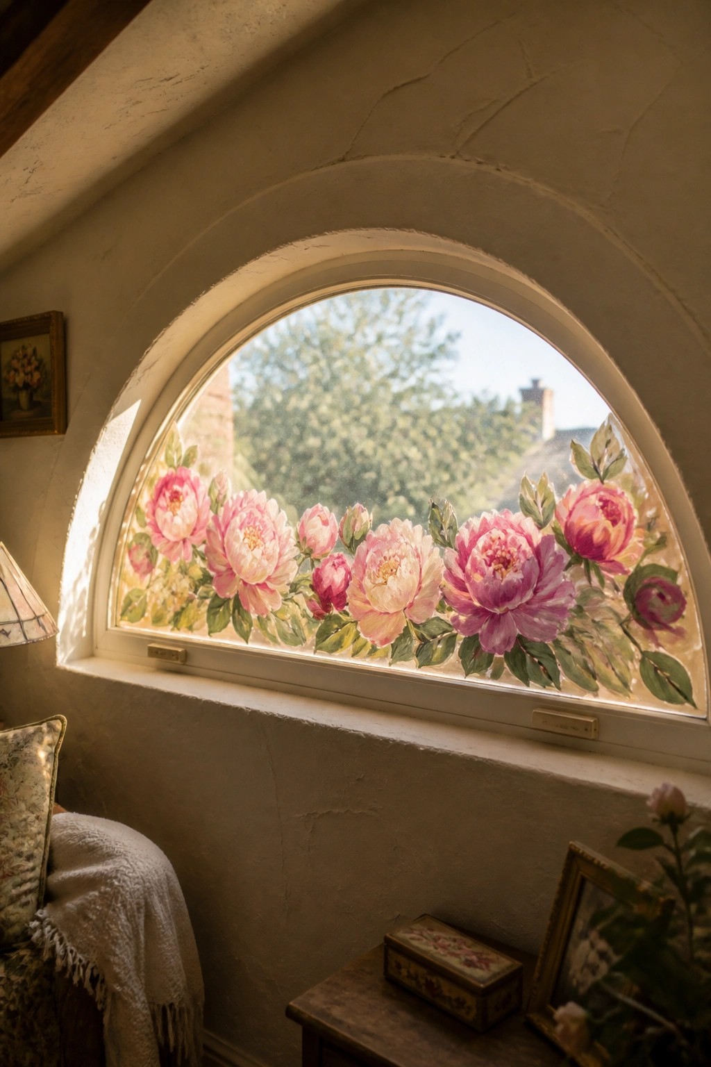 Arched window with pink peony decals overlooking sunlit trees and chimney.