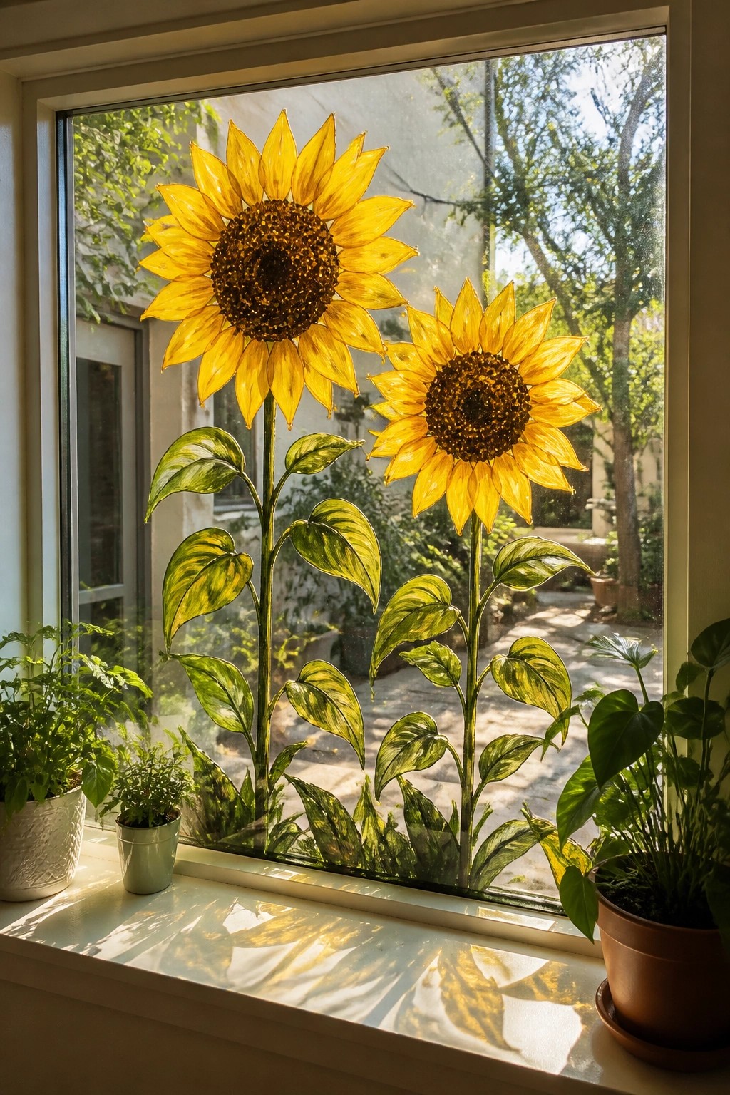 Two yellow glass sunflowers with green leaves on a sunlit windowsill with potted plants.
