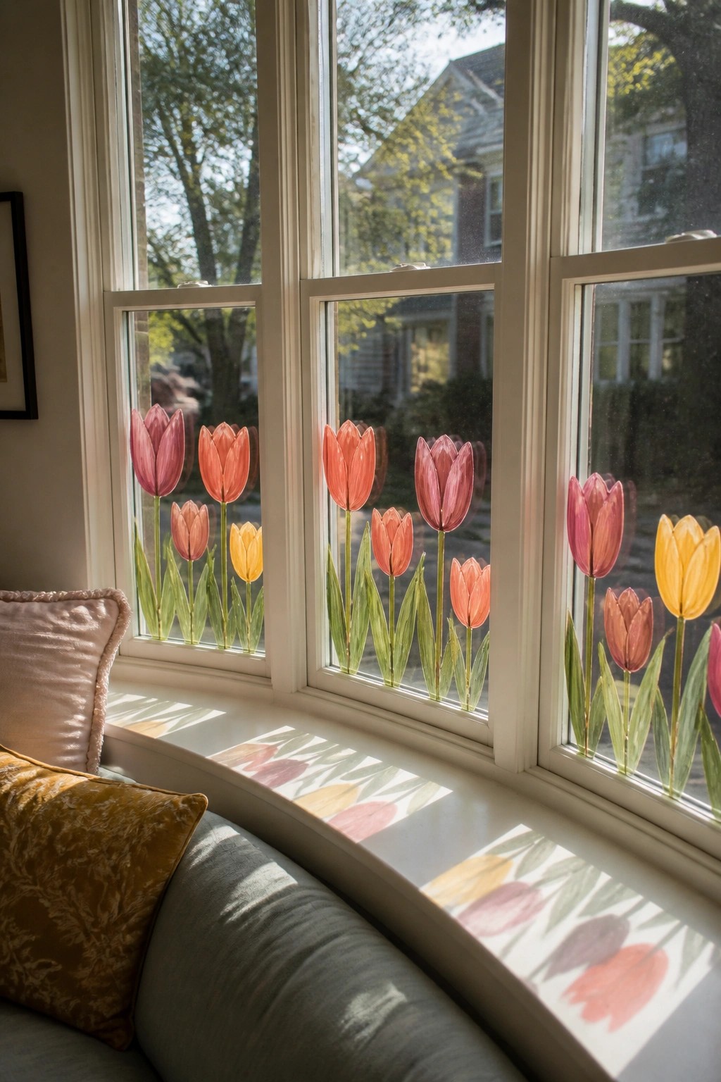 A bay window with tulips painted on several lower panes in pink, orange, and yellow, casting shadows on the white sill below.