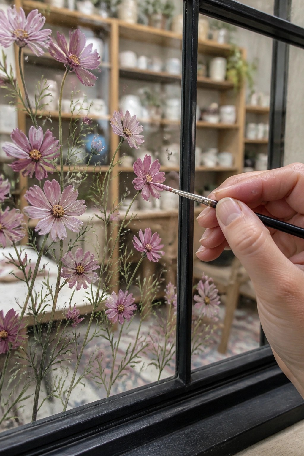 Hand painting purple cosmos flowers on black-framed window glass with fine brush.