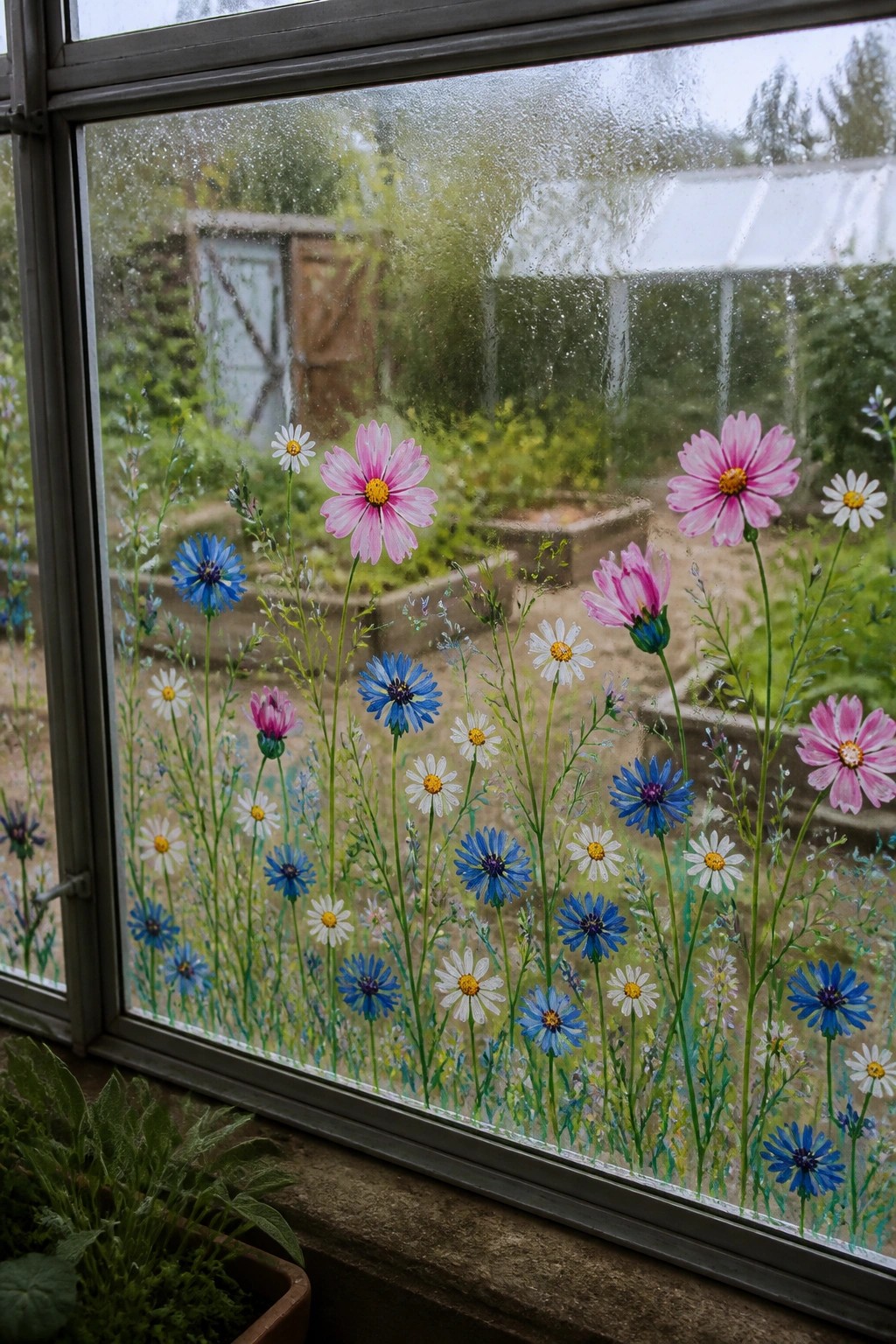 Vibrant wildflowers painted on rainy window overlooking lush garden and greenhouse.