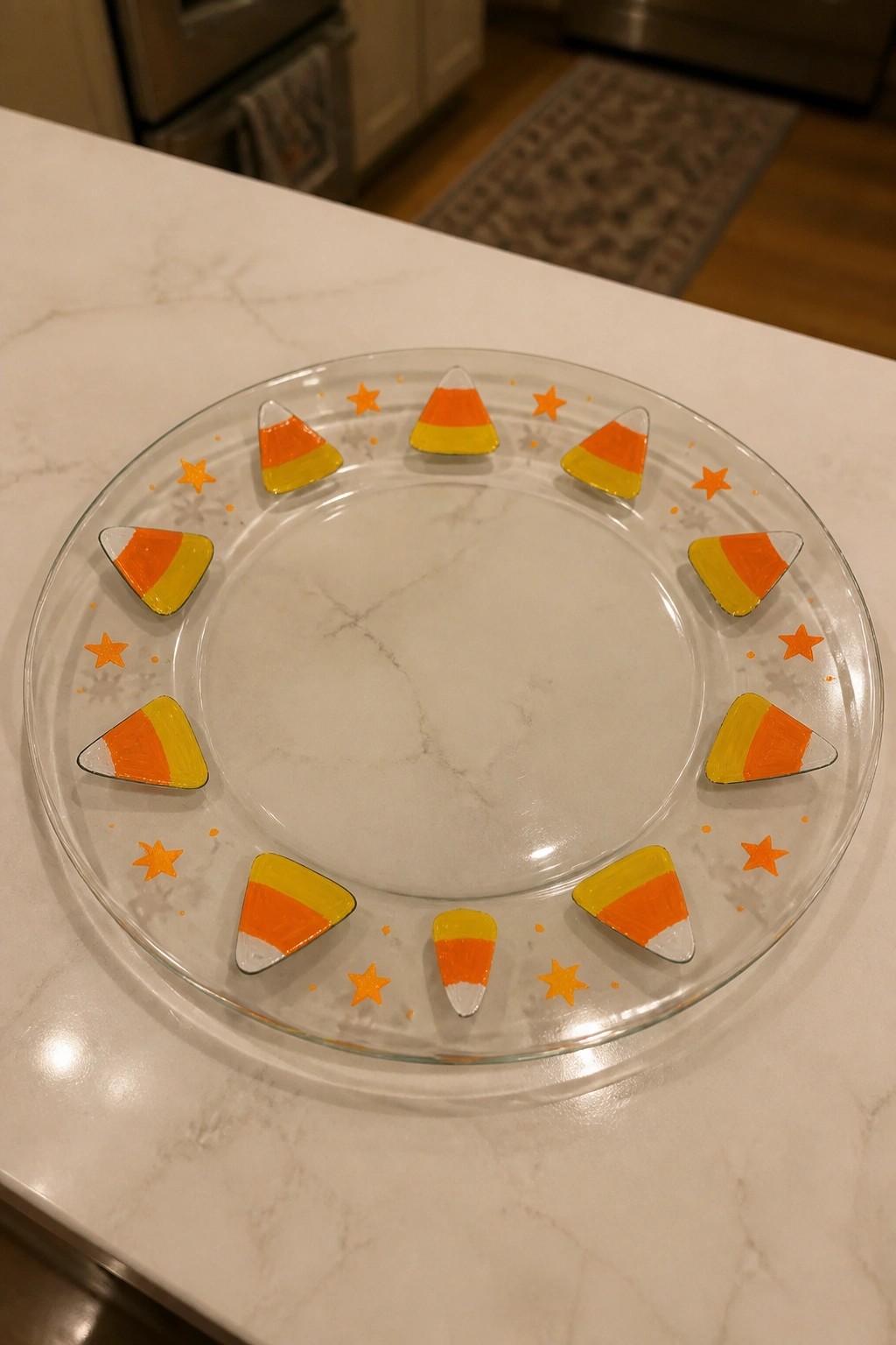 Clear glass plate with painted candy corn and orange stars circling rim on marble counter.