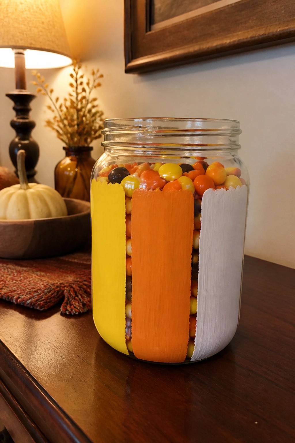 Glass jar with yellow, orange, and white stripes filled with colorful candies on wooden table.