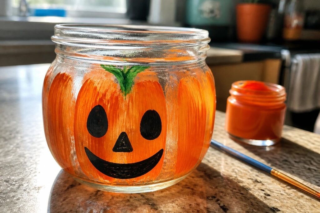 24 Beginner-Friendly Halloween Glass Painting Ideas That Make Handmade Gifts Extra Special Glass jar painted orange as jack-o'-lantern with black face beside paint jar and brush