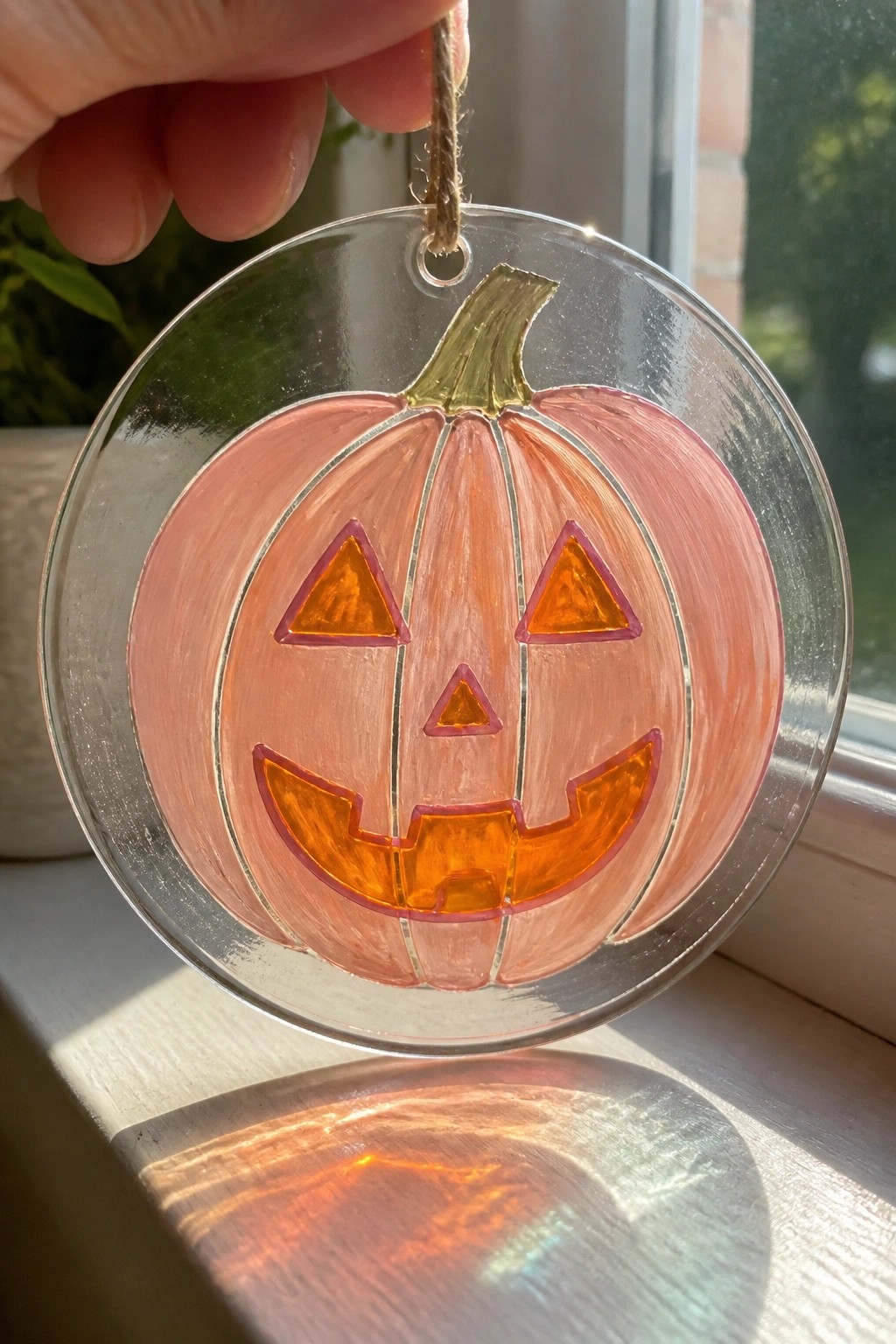 Hand holding pink glass pumpkin ornament with glowing orange face in sunlight