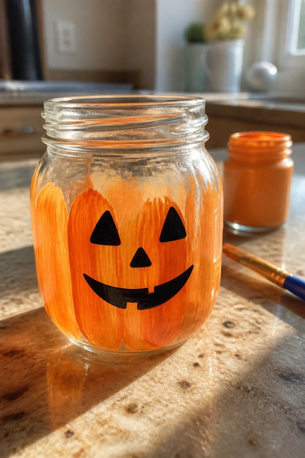 Glass jar painted orange as jack-o'-lantern with black face beside paint jar and brush