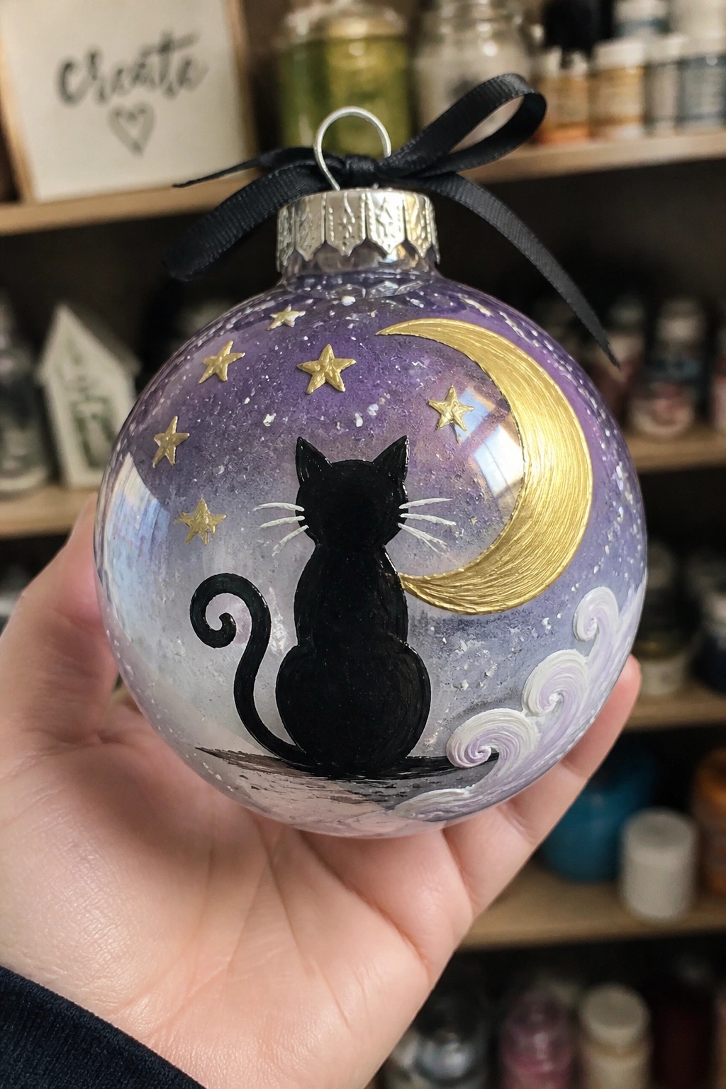 Hand holding purple glass ornament with black cat, gold moon, and stars.