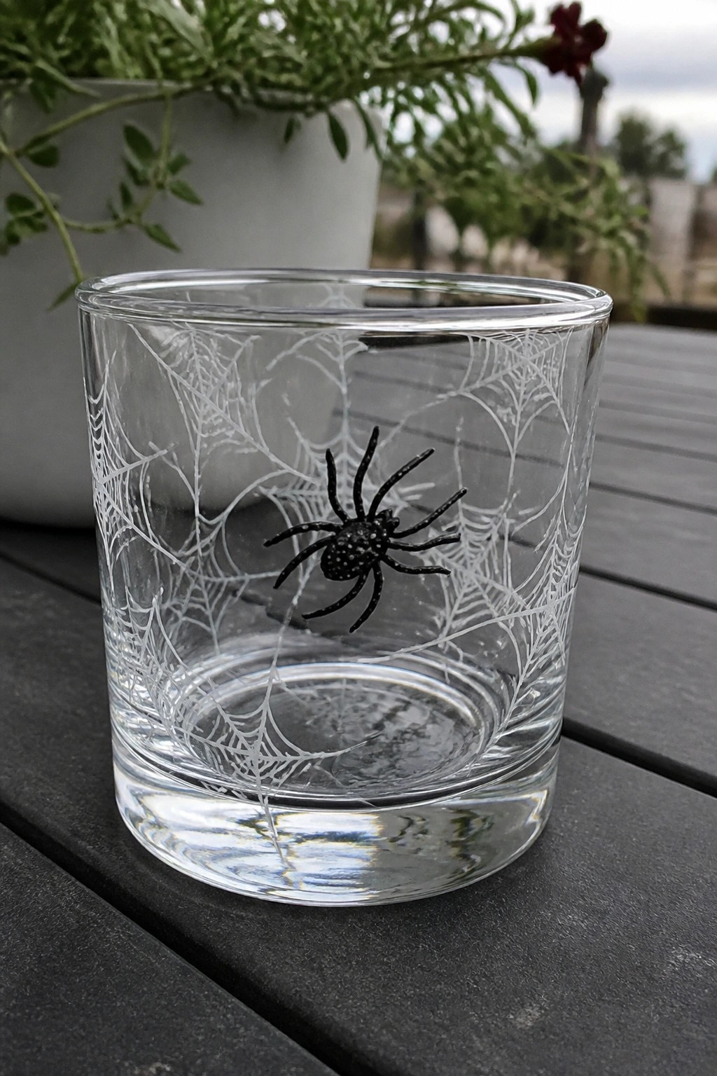 Clear glass tumbler with spiderweb etchings and black spider on wooden table