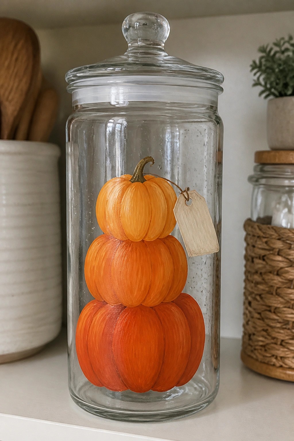 Clear glass jar with three stacked orange pumpkins and blank hanging tag.