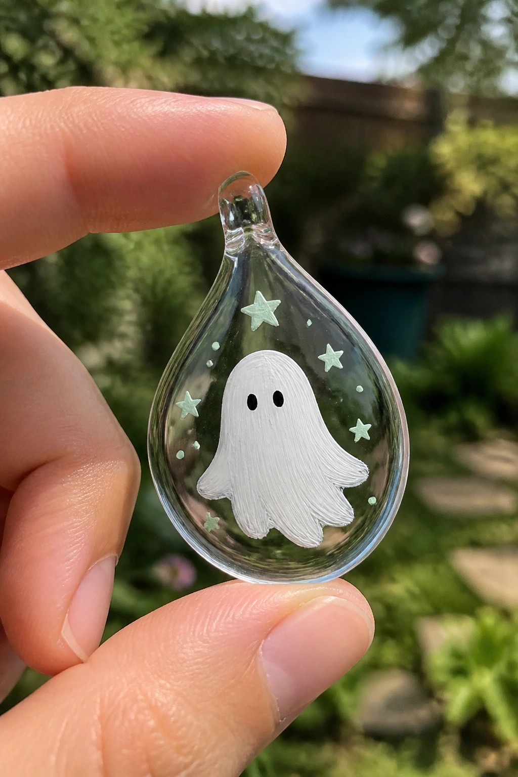 Fingers hold a teardrop glass pendant with white ghost and green stars.