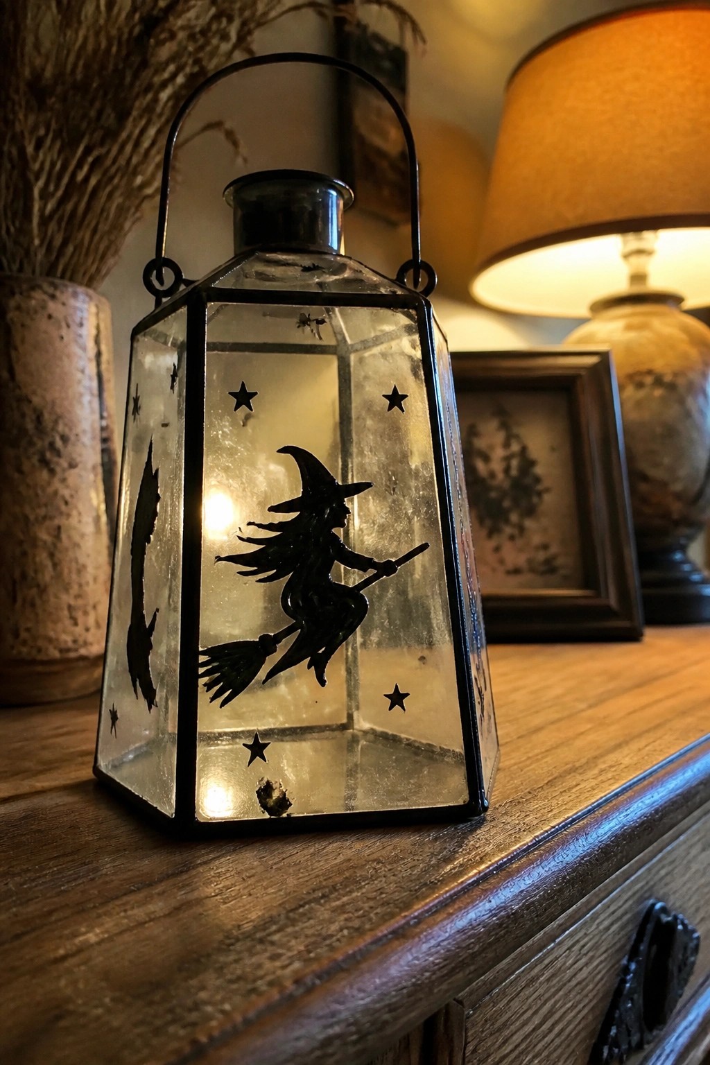 Glass lantern with witch-on-broom silhouette and stars on wooden table near lit lamp