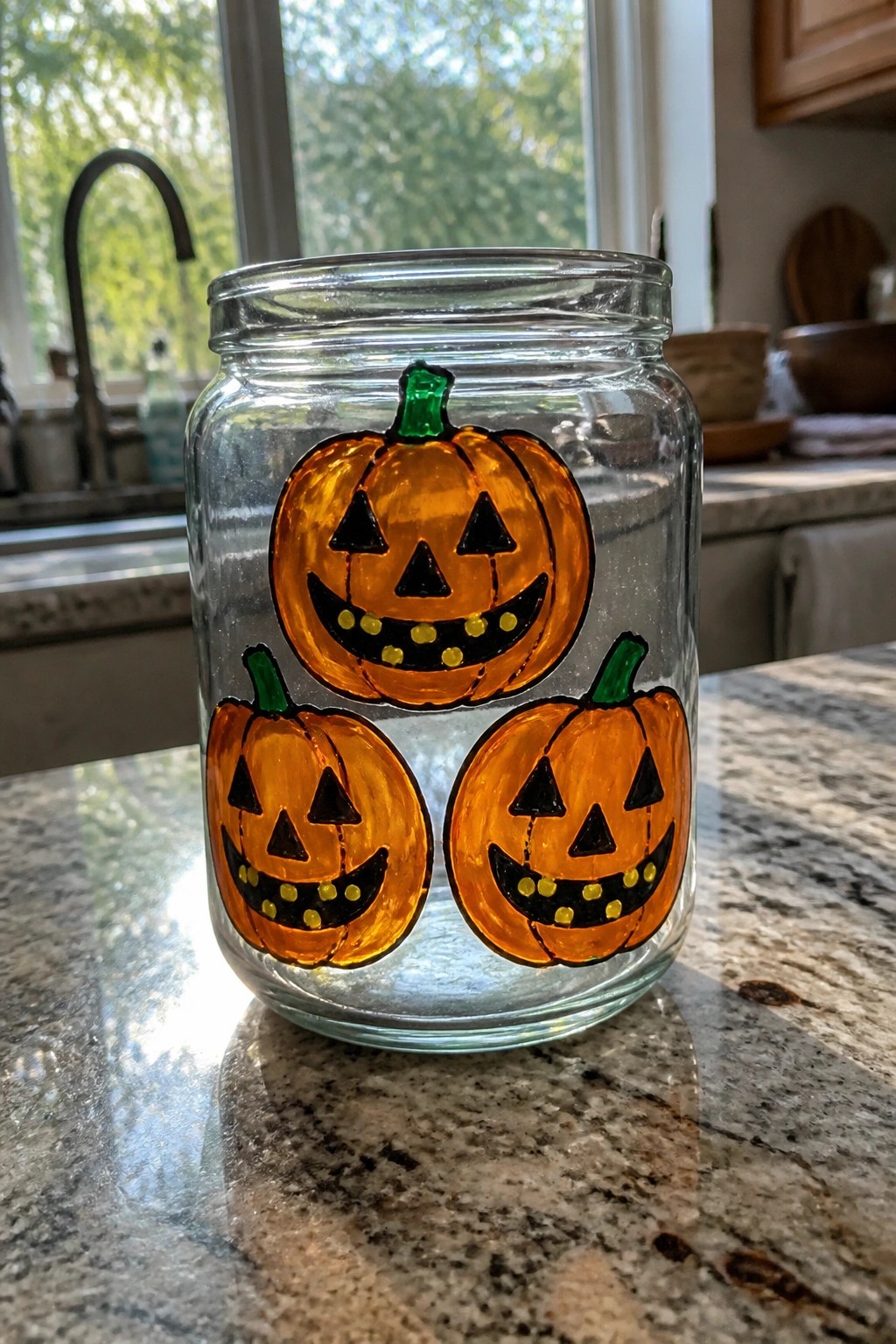 Glass mason jar with three orange painted jack-o'-lanterns on kitchen counter