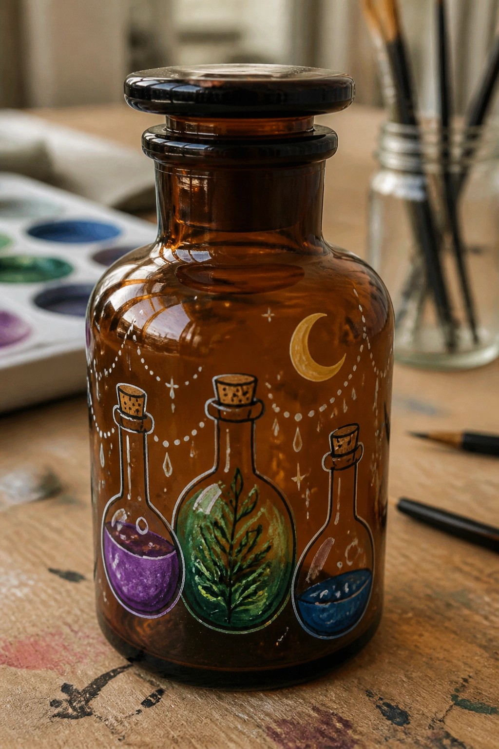 Amber bottle hand-painted with three potion vials, crescent moon, and stars on wood.