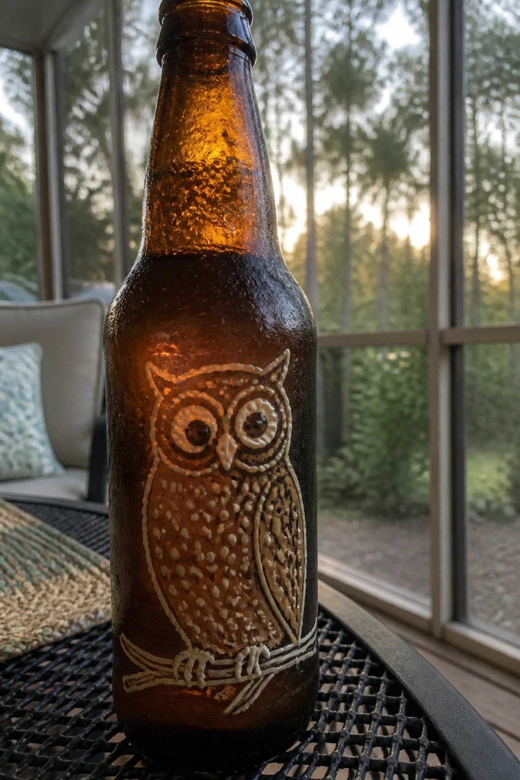 Condensed amber bottle with white owl design on mesh table near window