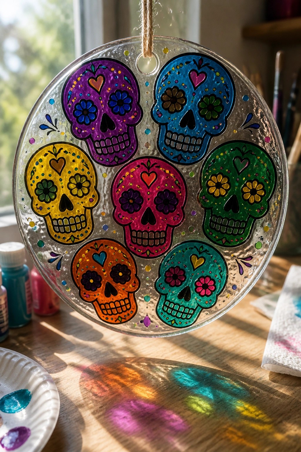Colorful sugar skulls painted on round glass suncatcher hanging in sunlight