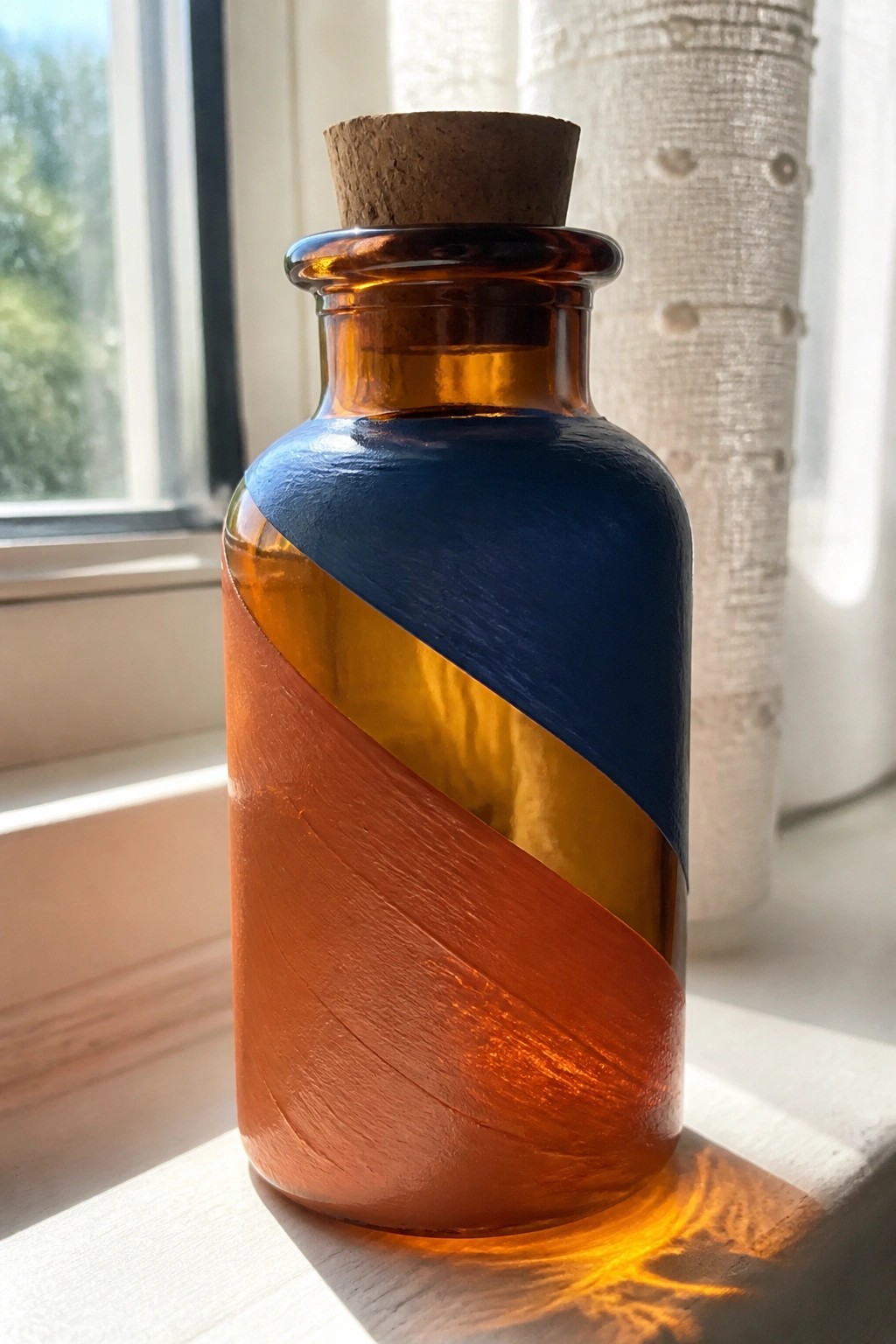 Amber bottle with cork, painted in swirling blue orange yellow diagonal stripes on windowsill